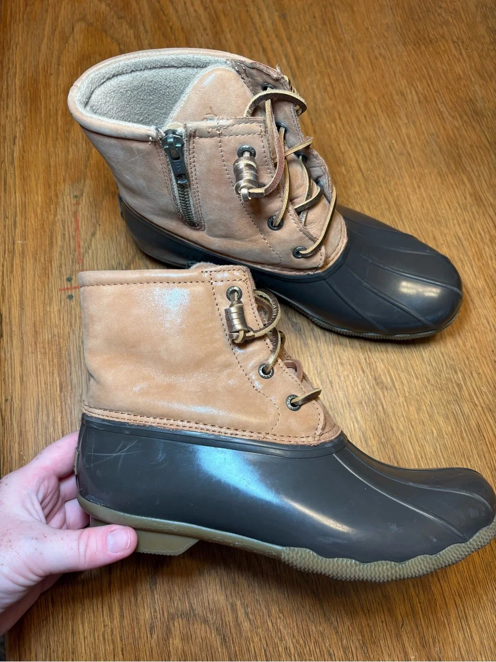 Sperry Saltwater Duck Boots Tan Leather Dark Brown Waterproof Rain Boots Size 8